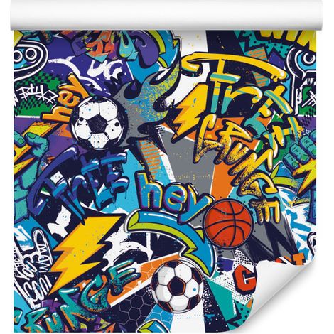 Carta da parati sportiva giovanile con graffiti di calcio per soggiorno e camera da letto 50x1000 cm (1/5)