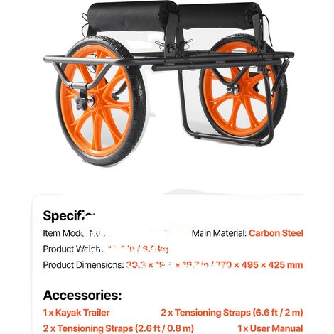 Carrello per kayak, capacità 330 libbre, ruote in gomma da 15 pollici, 330 libbre (1/2)