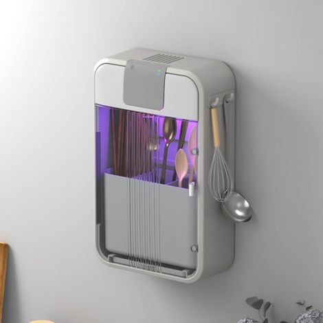 Porte-baguettes mural UV multifonction, support de séchage et de nettoyage à air chaud, boîte de rangement pour couverts de cuisine, gris (1/5)