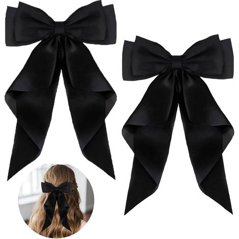 2PCS Pince à cheveux, Grand nœud, Tissu satiné, Barrette métal, Queue longue, Filles Femmes (1/5)