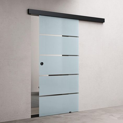 doporro Glasschiebetür Komplettset Softclose 102,5 x 215cm  25mm Wandabstand  Schiebetür mit ESG-Sicherheitsglas  Zimmertür Glas 5-Milchglas-Streifen und Schwarz Muschelgriff  Amalfi-plus 11H