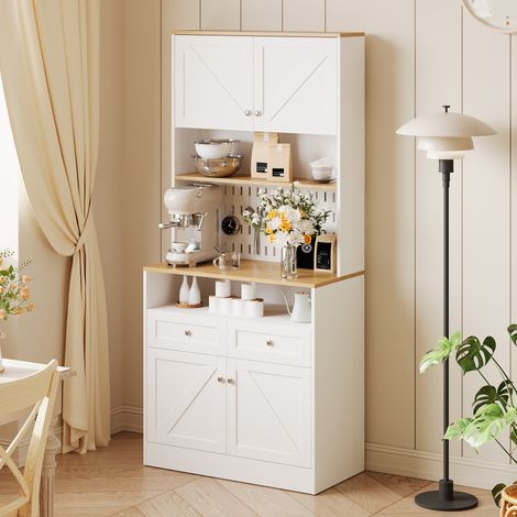 Buffet moderne 80x40x175 cm - Avec 2 tiroirs et 4 portes - Avec panneau perforé - MDF + panneaux de particules - Blanc + naturel