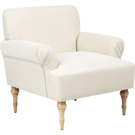 Sillón tapizado de tela poliéster hidrófugo asiento grueso patas de madera de caucho beige claro Fredros
