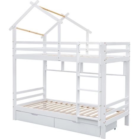 Letto a castello per bambini 90x200 cm bianco con cassetti, scala e protezioni (1/5)