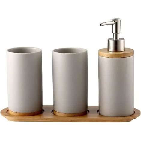 Lot de 4 accessoires de salle de bain en céramique : porte-brosse à dents, distributeur de savon, gobelet et plateau en bambo - Gris (1/5)