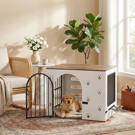 Meuble cage pour chien 2-en-1 avec station repas, table d'appoint en MDF et métal - blanc chêne clair (1/5)