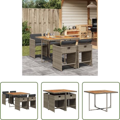 vidaXL Gartenstuhl - 5-tlg. Garten-Essgruppe mit Kissen Grau Poly Rattan (1/5)