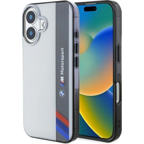 Coque rigide grise/grise BMW Motorsport IML à rayures verticales pour iPhone 16 6,1" (BMW BMHCP16S23HTFEG). (1/5)