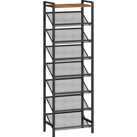 Étagère à Chaussures Étroite, Range-Chaussures Haut, Porte-Chaussures avec Clayettes Métalliques Inclinées, Gain de Place, pour Couloir, Chambre, Salon, Marron Rustique et Noir EBF128XJ01 (1/5)
