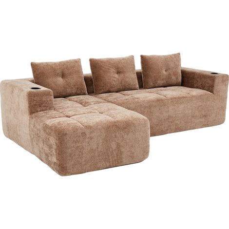 Canapé d'angle 258 cm 4-5 places en tissu chenille, design minimaliste avec porte-gobelets, pour petit salon, appartement ou bureau, marron clair CHICFURN (1/5)