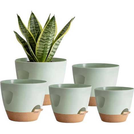 5 macetas con riego automático，17,8/16,5/15,2/13,9/12,7 cm，autorriego con plato para plantas de interior，cactus (verde) (1/5)