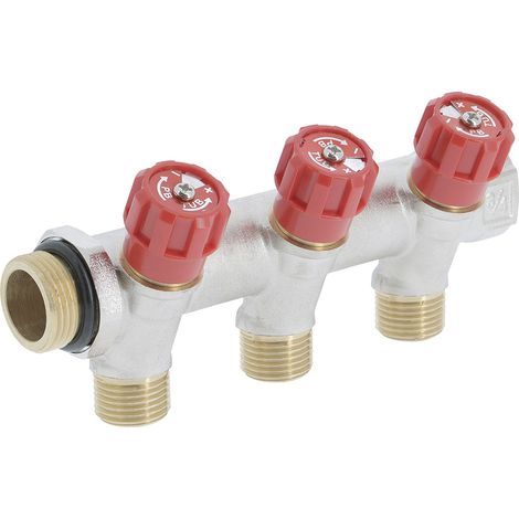Collecteur mâle-femelle 3/4'' (20/27), 3 départs mâle 1/2'' (15/21), vanne rouge, pour sanitaire