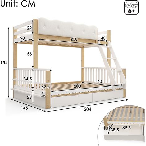 Kinder-Etagenbett 90x200/140x200 cm mit Wolken-Geländer, Schubladen & Zeitschriftenständer, Holz-Familienbett für Kinder & Erwachsene, EN 747:2024, Weiß & Eiche, Ohne Matratze (1/5)