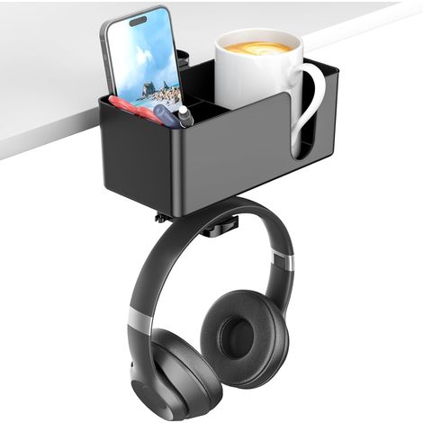 4-in-1 Tischbecherhalter mit Kopfhörerhalterung – drehbare Kopfhörerhalterung und abnehmbare Ablagefläche für Becher, Handys und Stifte (schwarz). (1/2)