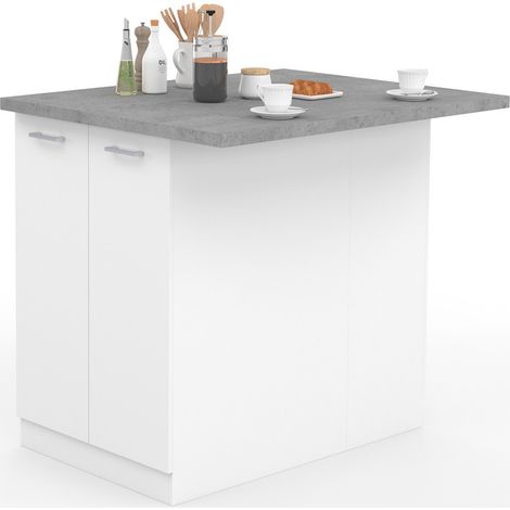 Idmarket – Îlot central de cuisine 100 cm blanc – Plan de travail effet béton – Rangement intégré avec 2 portes – Dimensions L. 100 x l. 80 x H. 90 cm