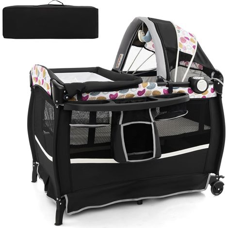 COSTWAY Lit Parapluie Bébé avec Matelas & Table à Langer Escamotable, Lit Bébé Évolutif avec Boîte à Musique & Jouets Suspendus, Auvent Réglable, Lit de Voyage pour 0-36 Mois (Cercles colorés,Noir)