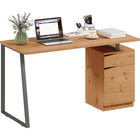 HOMCOM Computer Desk, Writing Table with Cabinet and Drawer, Natural