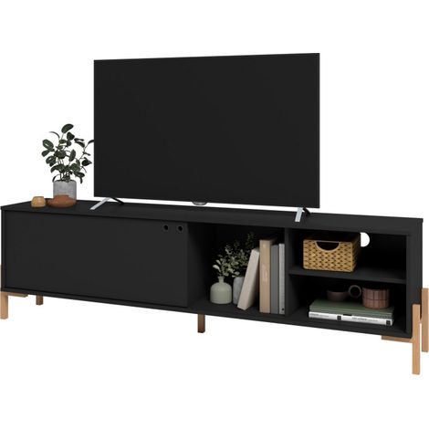 Meuble TV 80 Pouces Noir 1 Porte Coulissante 4 Niches L 185 H 51.5 P 33.5 cm (1/5)