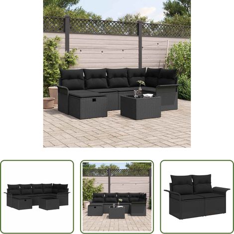 Gartentisch - Gartensofa-set mit Kissen 7 pcs Schwarz Poly-Rattan (1/5)