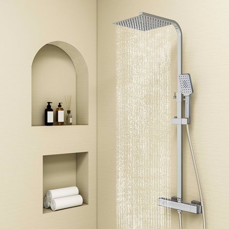 AICA Colonna doccia con miscelatore termostatico, rubinetto doccia 29x4.5cm, soffione doccia quadrato 25x25cm in acciaio inox cromato