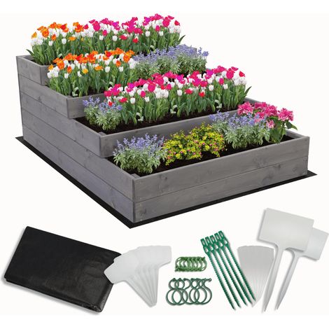 MODO24 Carré potager surélevé en bois, 4 niveaux en cascade, 45x90x120 cm, jardin/terrasse, kit jardinier inclus, gris imprégné