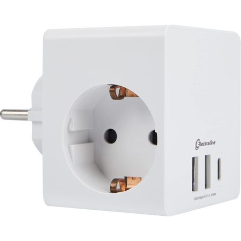 Electraline 55085 Adattatore Multipresa Cubo 3 Prese Schuko + 3 USB 3.4A 17W (2USB A + 1USB C) per caricare contemporaneamente ogni dispositivo elettronico (Smartphone o Tablet), Spina Schuko, bianco (1/4)