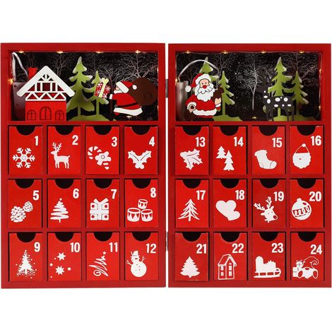 Rebecca Mobili Calendario de Adviento Rellenable con Cajones y Luces Madera Roja Ideas de Regalos
