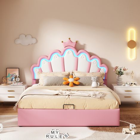 Lit coffre rembourré en similicuir 140x200cm - lit princesse avec LED et moulures en couronne - Rose (1/4)