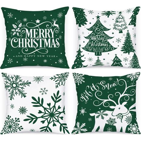 Lot de 4 Blanc et Vert Housse de Coussin Noel 45x45 cm, Taie d'oreiller Hiver Flocon de Neige Parure de Oreiller de Décoration de Lit Noel Deco pour Chambres Canapé Noël Decoration (Vert) (1/5)
