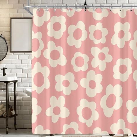 Tenda da doccia rosa retrò con motivo floreale astratto per il bagno, 72W 72H pollici, bellissima estetica vintage anni '70, decorazione funky per vasca da bagno, moderna e trendy, in tessuto di poli