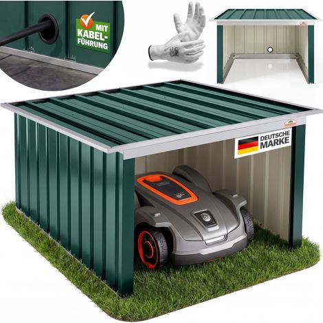 Garage robot tondeuse métal résistant intempéries 4 piquets de terre herbe tonte Toit à une pente vert