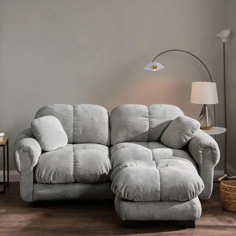 Canapé d'angle modulable en L avec ottomane tissu chenille gris (1/5)