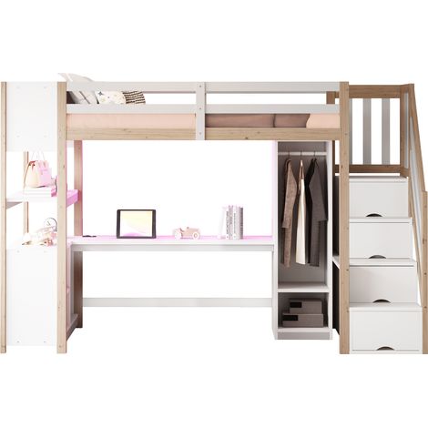 Lit mezzanine 90x200 cm avec bureau, armoire, rangements et LED, finition blanc et bois, pour chambre gain de place - CHICFURN (1/5)