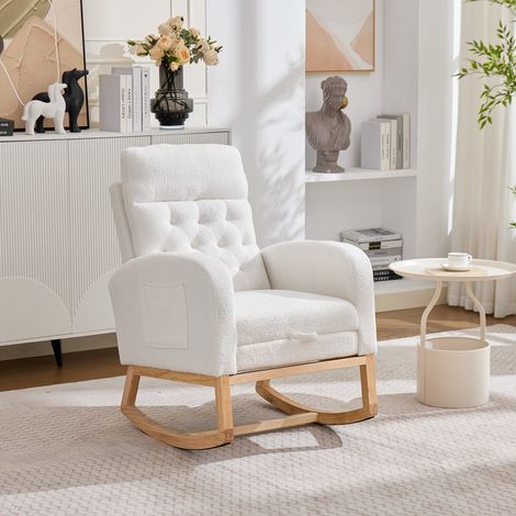 Modernluxe - Fauteuil à bascule en tissu bouclé - Repose-pieds réglable et poches latérales - Pieds en bois - Blanc (1/5)