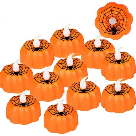 Lot de 12 bougies LED sans flamme en forme de citrouille pour Halloween, idéales pour les décorations de fêtes intérieures et extérieures. (1/5)