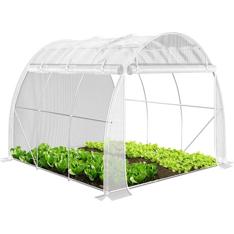 VOUNOT® Serre de jardin tunnel Toute Saison 6m² blanc - fenêtres et portes latérales zippées enroulables - barre anti-tempête