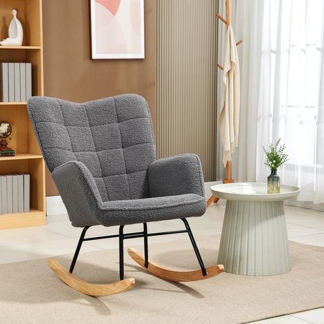 Schaukelstuhl Berbervliesoptik, Armlehne, gepolsterter Sessel, Holzkufen, Relaxsessel, Wohnzimmer & Schlafzimmer, bis 120 kg, Dunkelgrau