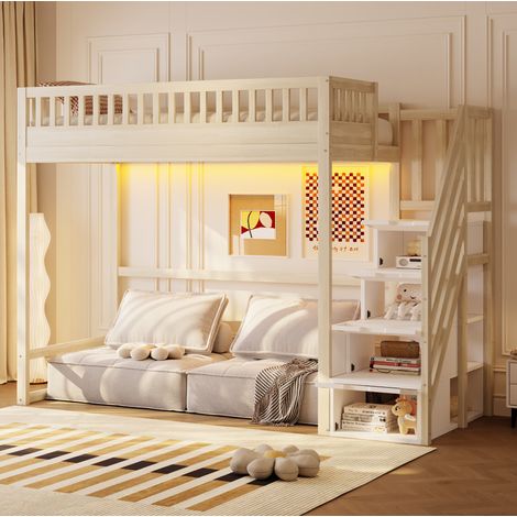 Letto rialzato bambini 90x200 cm con LED e scala contenitore, in legno naturale, materasso non incluso (1/5)