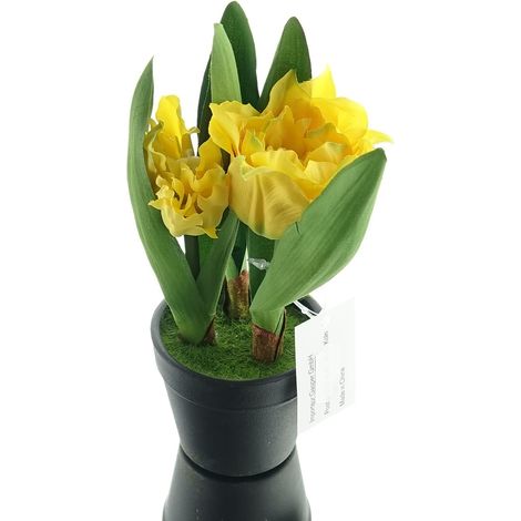 GASPER Tulpen Gelb im schwarzen Mini-Topf 19 cm hoch - Kunstpflanzen