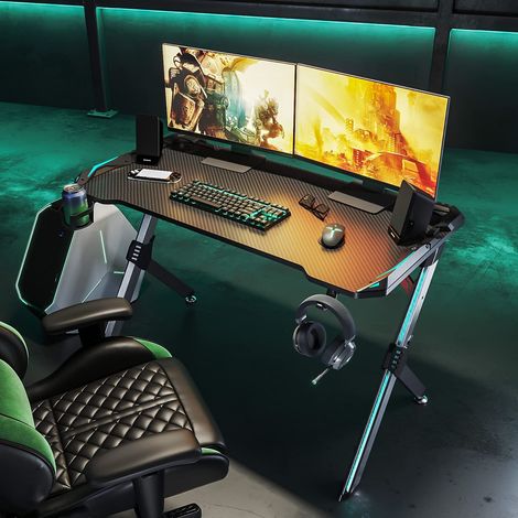 SIRHONA Mesa Gaming Grande, Escritorio de Luz Envolvente RGB, con Gancho para Auriculares/ Portavaso, Mesa de Juegos para Ordenador LED - 120x60x75cm (1/5)