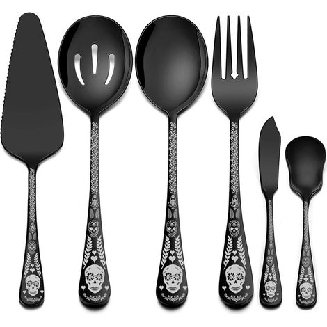 Ensemble de 6 couverts noirs en forme de crâne et argentés, motif gothique, design unique, articles de fête d'Halloween. (1/5)