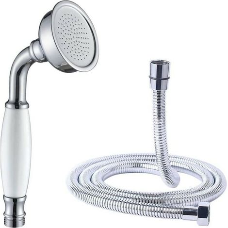 Duschkopf aus Messing mit weißem Griff und Schlauch (Handbrausehalter nicht im Lieferumfang enthalten)