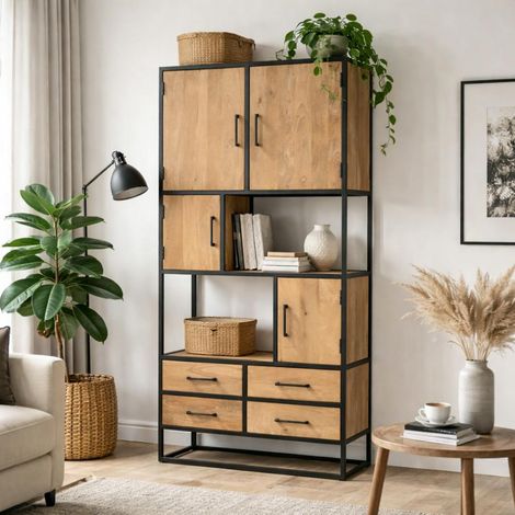 Bibliothèque en bois clair 4 portes 4 tiroirs RIVANO (1/5)