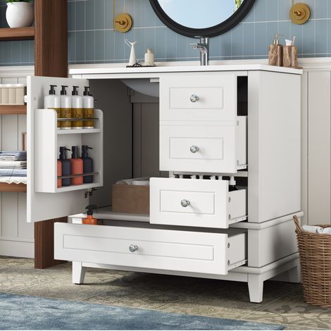 Mueble de baño con lavabo 81 x 47 x 86 cm, 3 cajones, 1 puerta, blanco brillo HAVRYA (1/5)