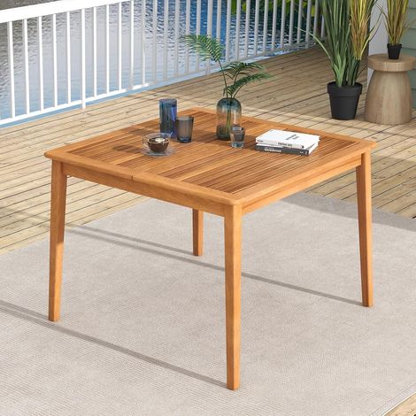 GOPLUS Table de Salle à Manger Extérieur en Bois d'Acacia pour 4 Personnes,Table Salon de Jardin 100x100CM avec Trou pour Parasol Intégré, pour Porche, Jardin, Terrasse, Charge 80 KG (1/5)