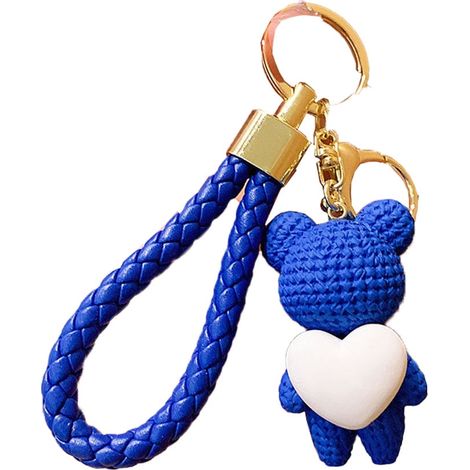 Porte-clés Ours Tissé Bleu avec Cœur Pêche, Pendentif Cartoon pour Sac et Clés (1/5)