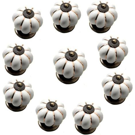 Set of 10 vintage ceramic pumpkin-shaped drawer knobs, with 3 types of screws (22/25/30 mm) (white) (1/5)