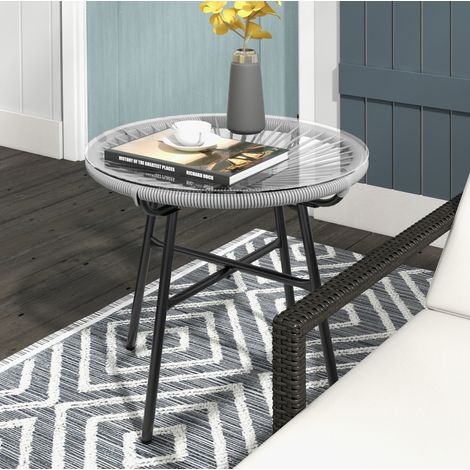 Mesa auxiliar de jardín de metal gris con vidrio templado y borde de ratán PE, redonda, estilo boho (1/5)
