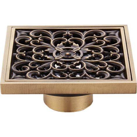 10cm Brass Bathroom Floor Drain - Antique Unique Square Shower Drain Flower Carved for Toilet Garden (1/5)