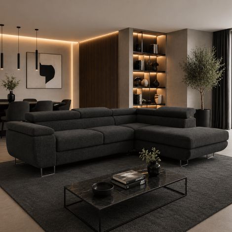 ANTONI - Canapé d'angle convertible en tissu avec têtières réglables - 4 places - 270 CM - Noir (1/5)
